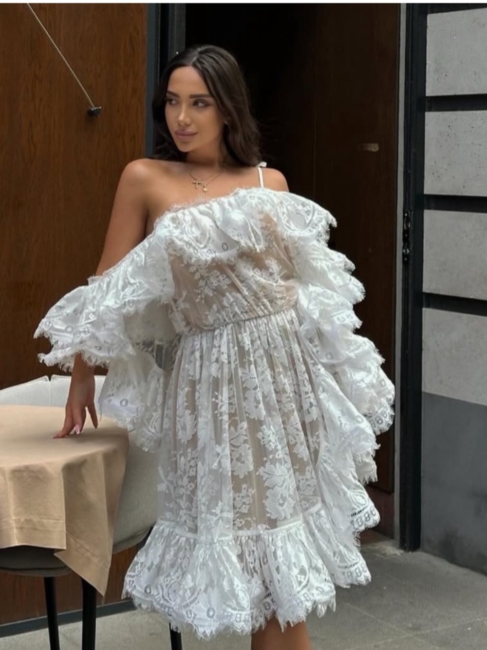 Zimmermann Dawning Asymmetrical One-Shoulder Lace  Tiered Mini Dress AU 0 / US 4